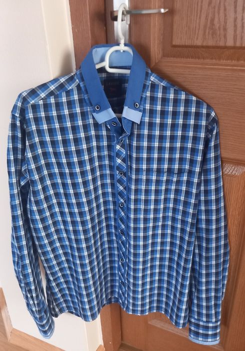 Laviino męska koszula niebieska slim w kratę krata S 38/39