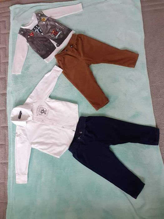 Elegancki zestaw dla chłopca, spodnie H&M, biała koszula, bluzka; r.92