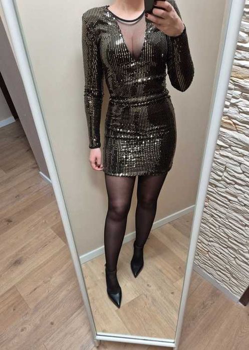 Złota cekinowa drapowana sukienka Zara cekiny XS siateczka