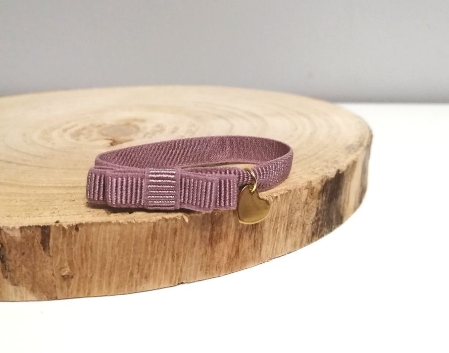 Bransoletka elastyczna ryps kokarda wstążka lawenda fiolet złote serce