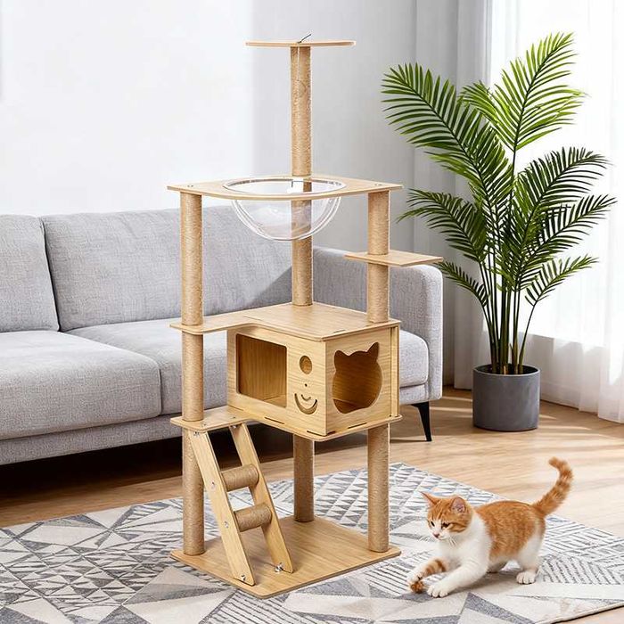 Когтеточка-Домик для кошек, деревянная с сизалевым шаром, 48х40х138см