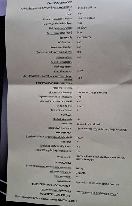 Lodówka Amica srebrna 144×54×55