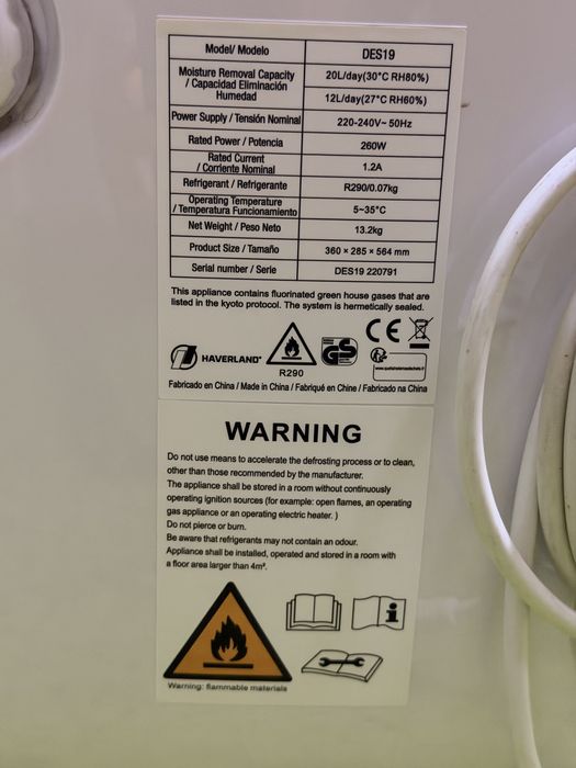 Desumidificador Haverland DES19 (20L/dia) – Como Novo!