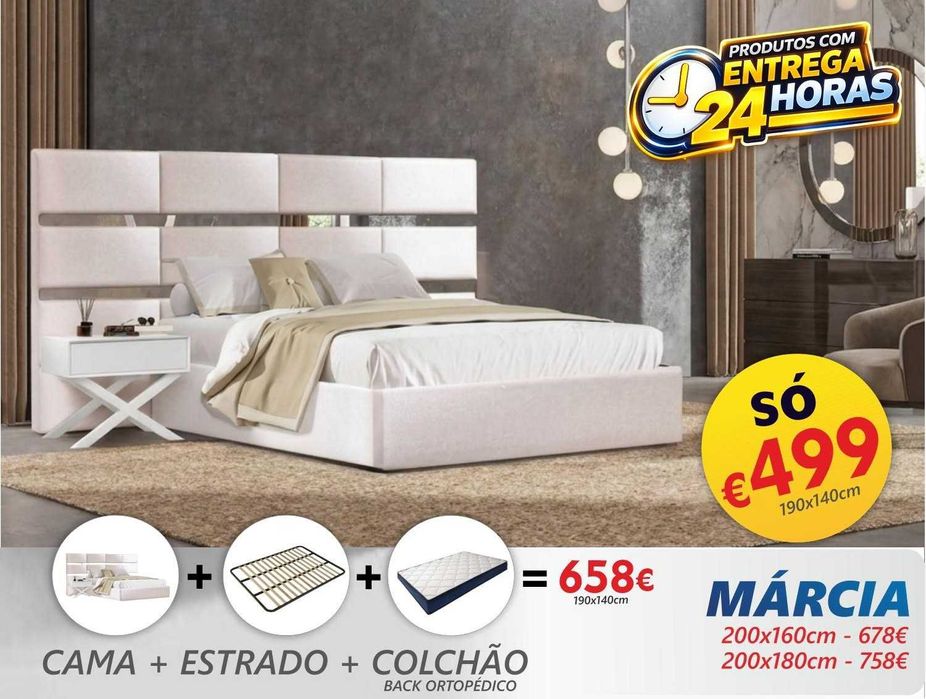 Cama de Casal Estofada Márcia (Cabeceira Longa) - Direto do fabricante de Paços de Ferreira