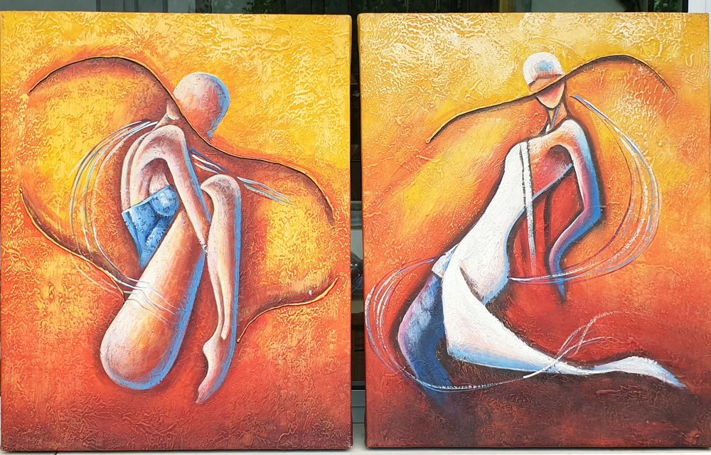 2 decorative paintings - gouache paintings on canvas