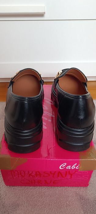 Mokasyny ekoskóra, r. 40, Cabin, półbuty czarne, gruba podeszwa