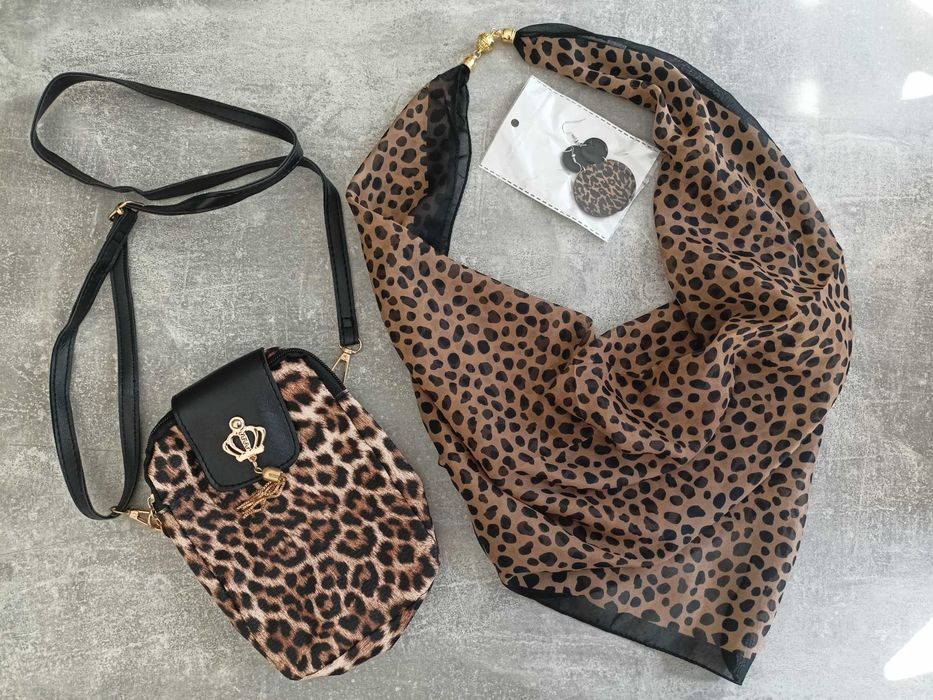 Panterka, torebka, apaszka, kolczyki, zestaw