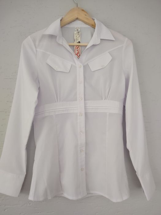 Biała koszula tunika mgiełka długi rękaw guziki elegancka retro S M