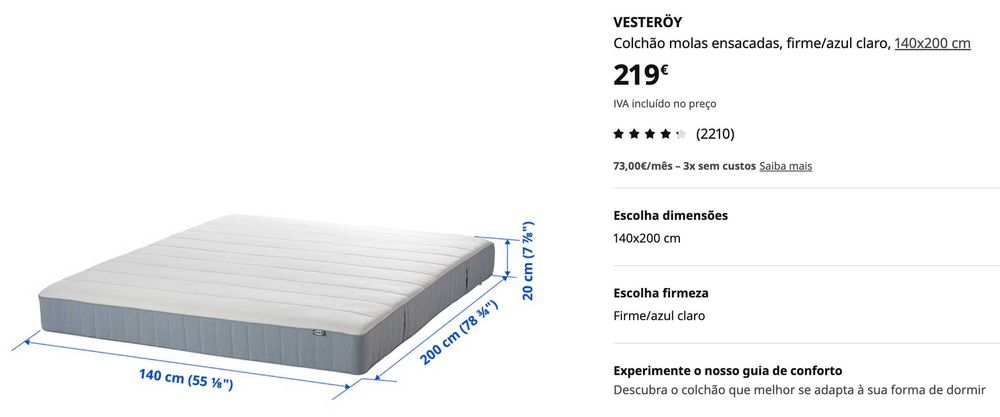Colchão IKEA 140x200 cm molas ensacadas, firme/azul claro