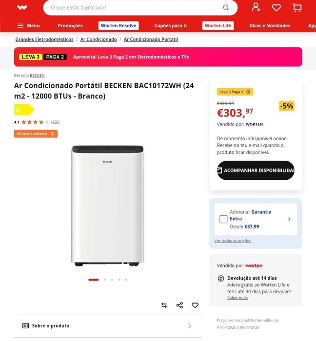 Ar Condicionado Portátil BECKEN BAC10172WH (24 m2 - 12000 BTUs - Branco)