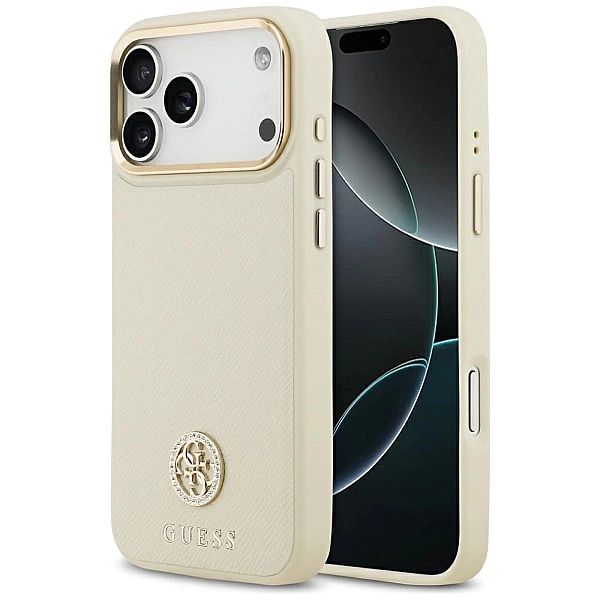 Etui Guess Grained Strass Logo MagSafe na iPhone 17 Pro Max - beżowe
