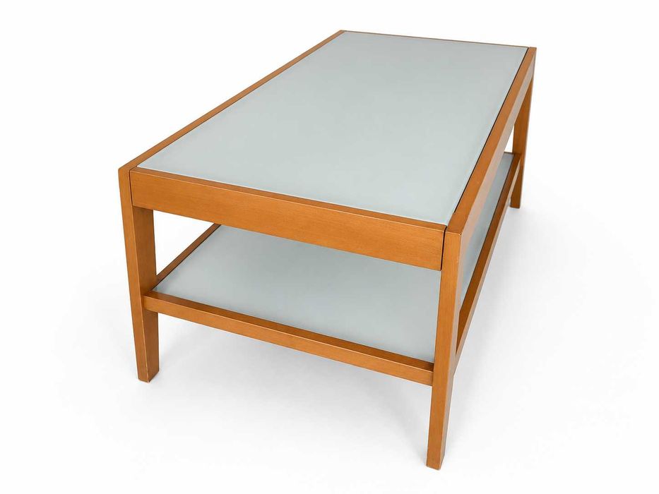 Mesa de centro em madeira com tampo de vidro