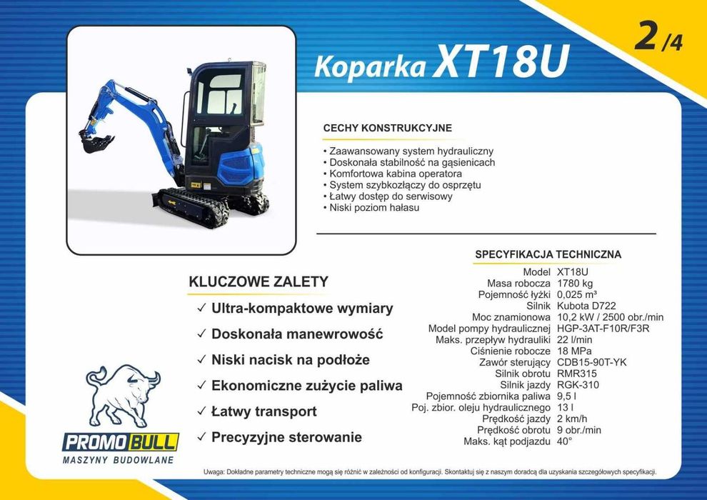 Koparka minikoparka  1,4 T, XT18U silnik YANMAR