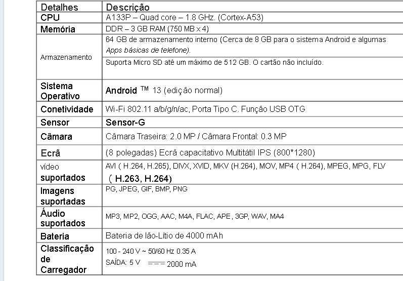 Tablet 8'' preto Oferta de bolsa ou capa Quad Core 1.8HZ como novo 55€