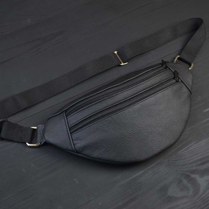 Бананка з натуральної шкіри, сумка чоловіча/жіноча барсетка чорна