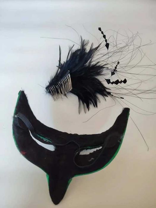 Maska karnawałowa zielona + ozdoba do włosów pióra maskarada cosplay