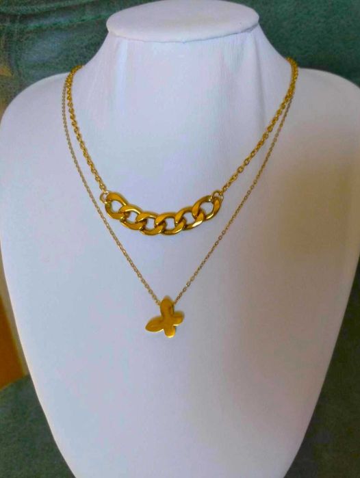 Colar Aço Duplo c/ Trabalhos de Malha Diferentes e Borboleta NOVO