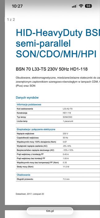 Statecznik do lamp sodowych Philips BSN