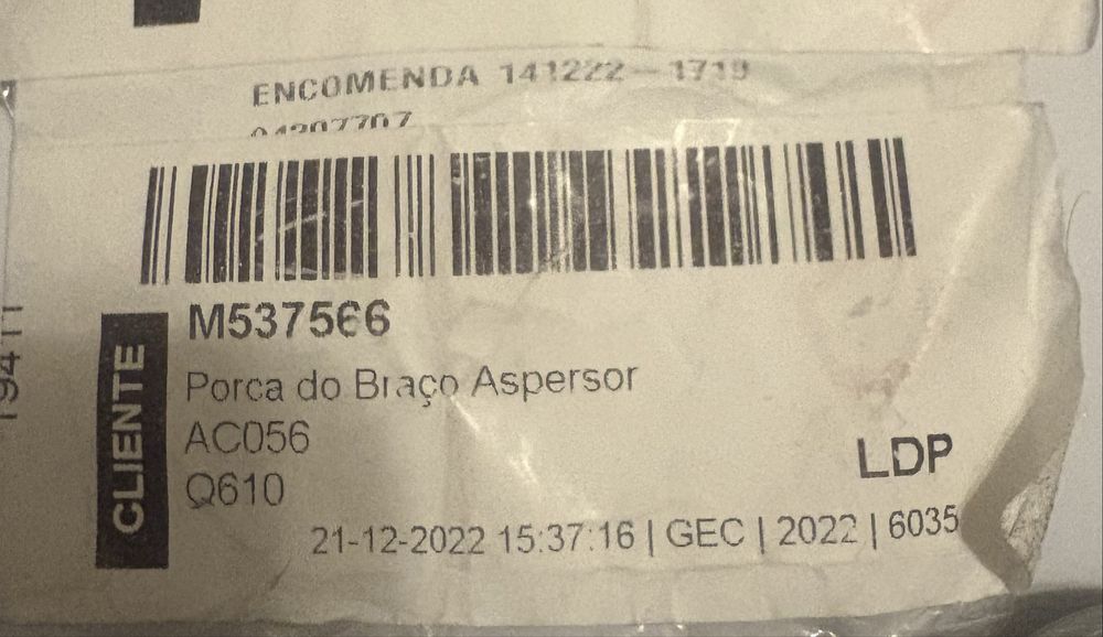 Porca do braço Aspersor Maquina lavar loiça Teka