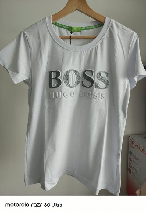 T-shirt damski HUGO BOSS | Biały z brokatowym logo