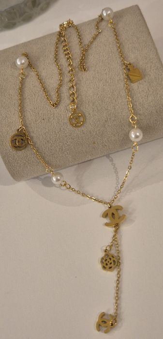 Niepowtarzalny, złoty łańcuszek cc perełki i przywieszki Cudo lv ysl