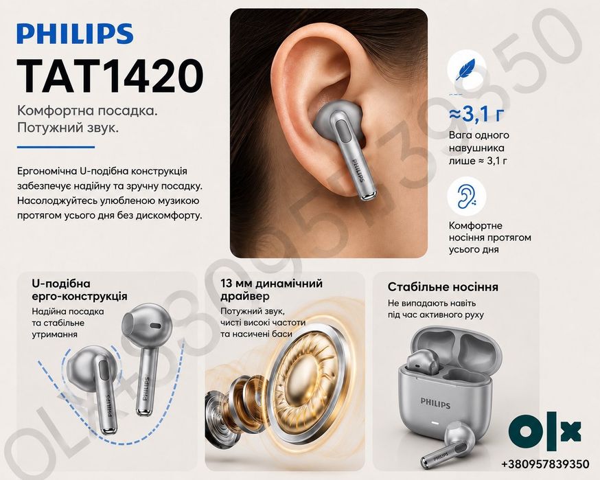 Навушники бездротові Philips TAT1420 — стильні TWS навушники з Bluetooth 6.0, ENC, Hi-Fi звуком, низькою затримкою та автономністю до 18 годин.