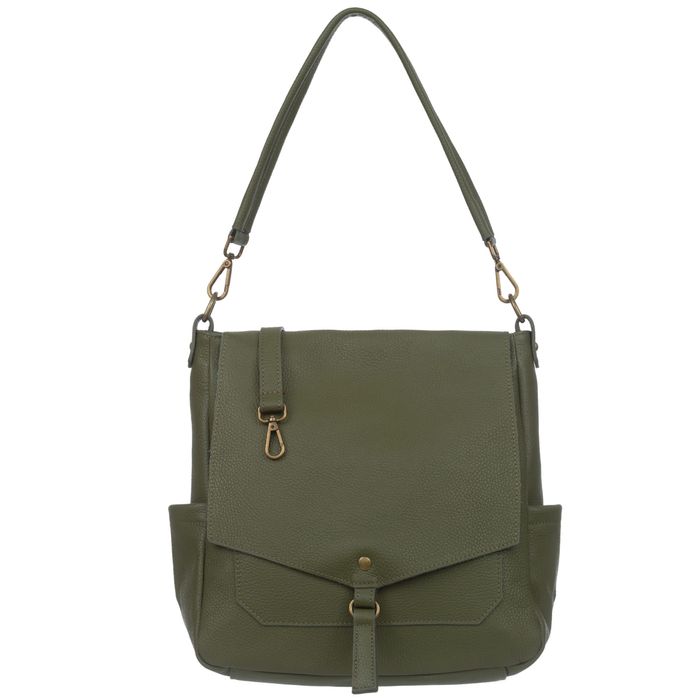 VERA PELLE torebka skórzana worek z klapą i paskiem V534 oliwkowa