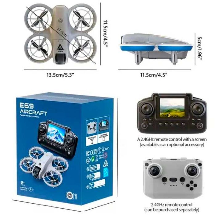 Квадрокоптер E69 FPV RC керування ПУЛЬТ з ЕКРАНОМ регульована камера