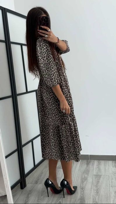 Zara sukienka midi w panterke falbanki S/M