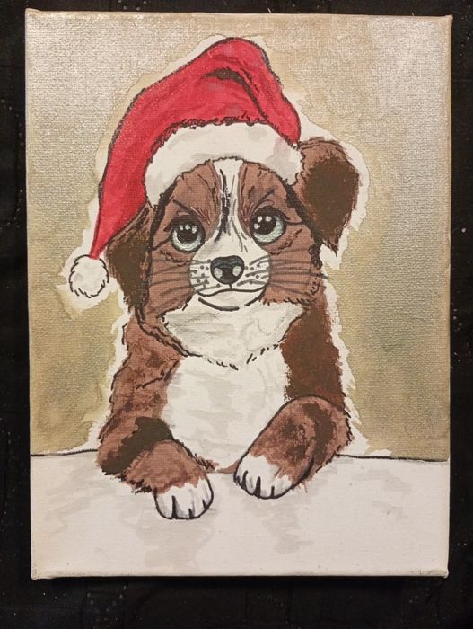 Ręcznie malowany obraz akrylowy – szczeniak w czapce Mikołaja, 18×24,5