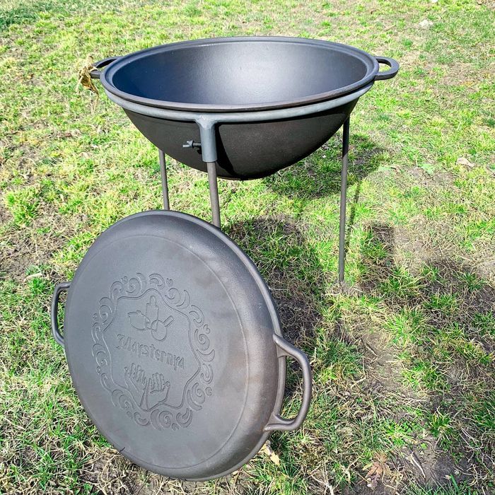 Казан чавунний узбецький 8 л WOK із кришкою-сковородою та триногою в комплекті "Наша Майстерня" (товстостінний)