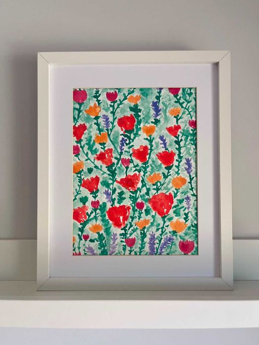 Quadro - Pintura abstrata (floral) em aguarela com moldura