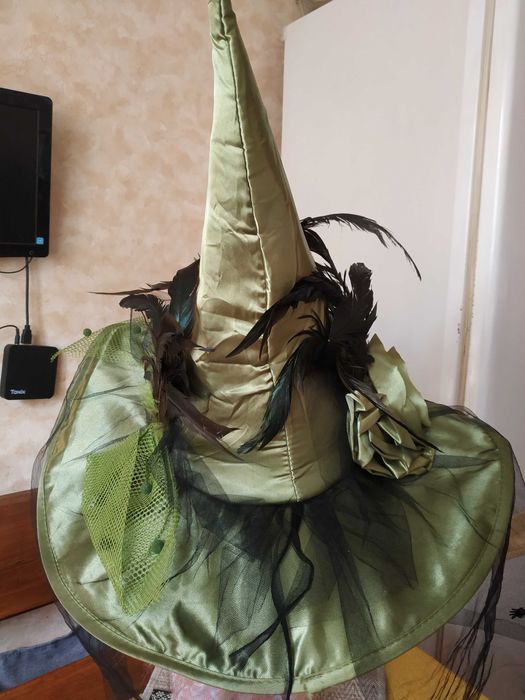 Розкішний зелений капелюх відьми з чорною вуаллю з павуками та пір'ям