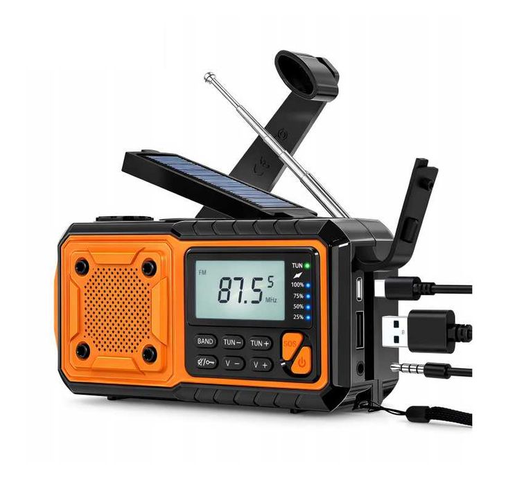 PRZENOŚNE RADIO SOLARNE Korbka Alarm Dynamo Awaryjne Latarka 5000mAh USB-C