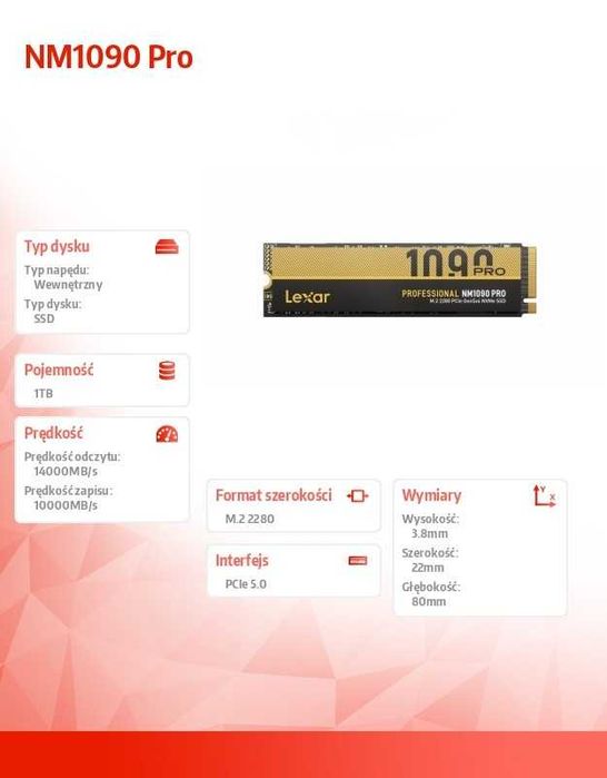Lexar Dysk SSD NM1090 Pro 1TB Gen5 14000/10000 5 lat Gwarancji