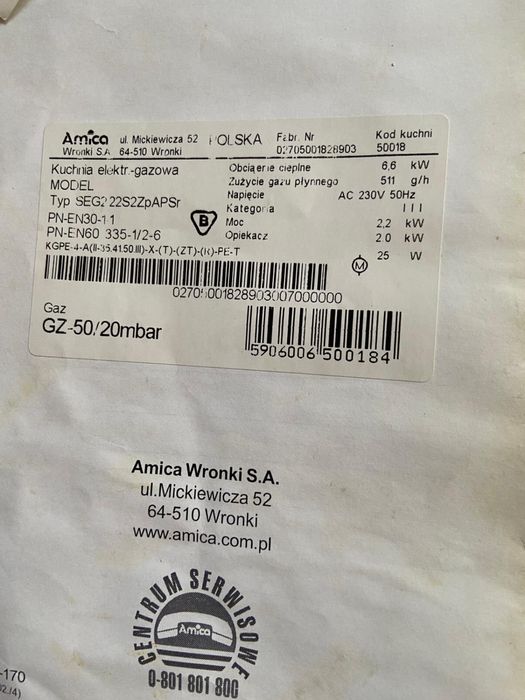 Kuchenka gazowa z piekarnikiem elektrycznym Amica