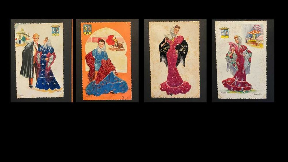 Álbum com 36 Postais Bordados Espanhóis – Trajes Regionais e Flamenco