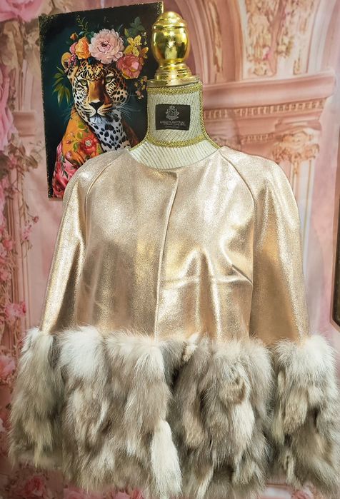 Casaco couro dourado autêntico e Raposa