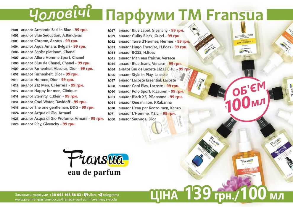 Наливні парфуми | Духи | Парфумерія 100 мл, брендові версії - 99 грн.