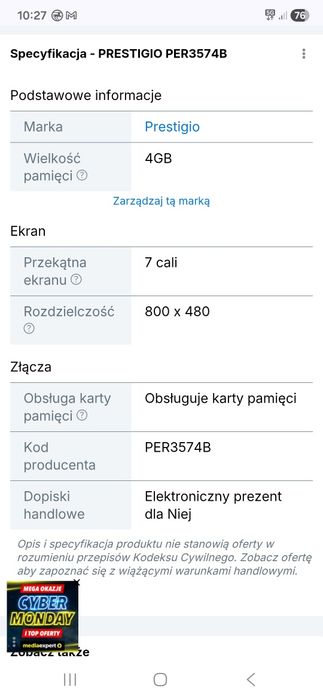 Czytnik ebooków  Prestigio Nobile PER3574B