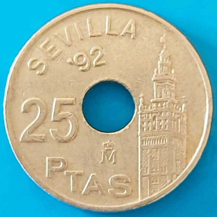 25 Pesetas de 1992, Espanha, Rei Juan Carlos I, Sevilha.92