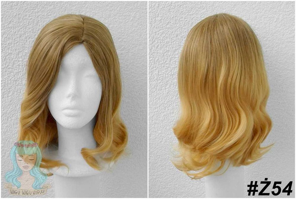 Krótka żółta peruka z odrostem przedziałkiem falowana wig cosplay