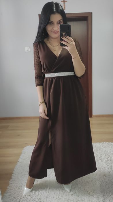 Sukienka długa maxi czekoladowa z paskiem wesele impreza