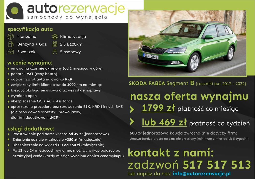 Wynajem wypożyczenie samochodów/aut za 1299 za 30 dni lub 339 co 7 dni