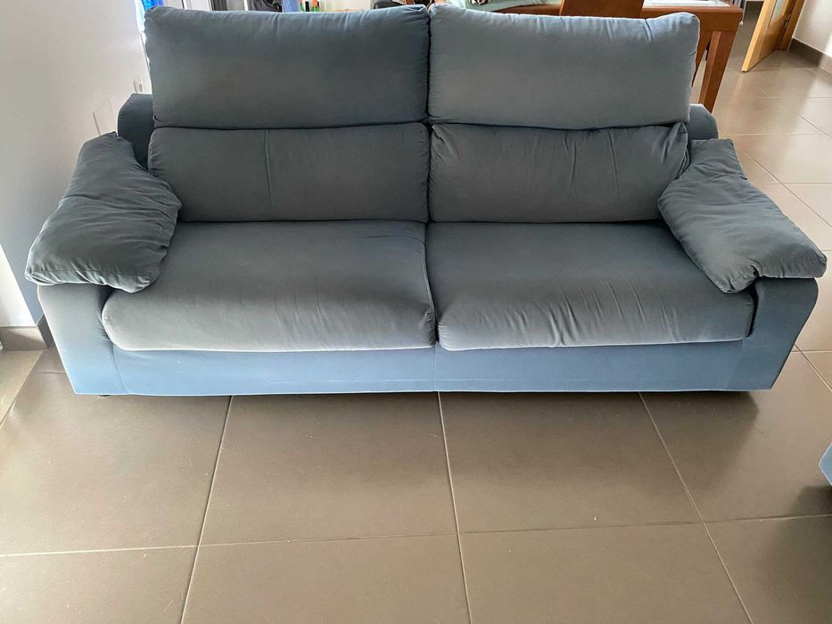 Conjunto 3 Peças: 2 Sofás + Banco Azul-Escuro (Pele de Pêssego) Conforto