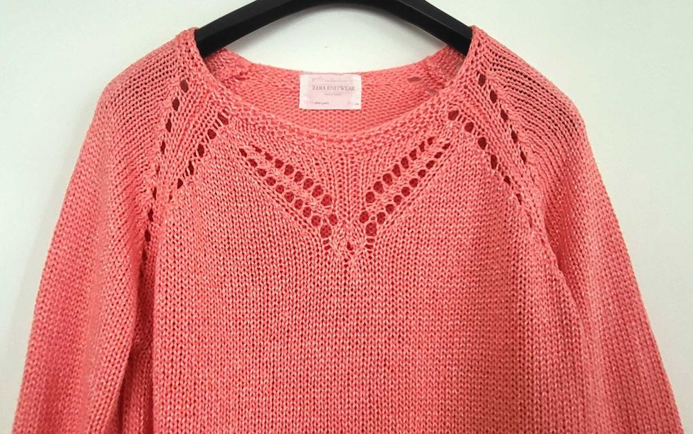 Zara śliczny sweter ażurowy koralowy/morelowy 152-164 ccm