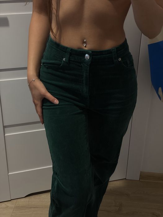 sztruksowe spodnie h&m XS ciemnozielone