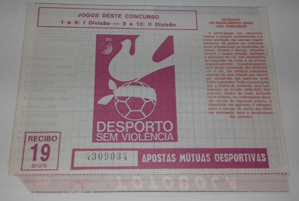 Totobola - Bilhete do concurso 19, de 30/12/1979 - Com capicua