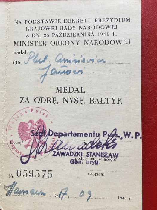 Za Odrę Nysę Bałtyk z nadaniem 1946 r.podpis Generał