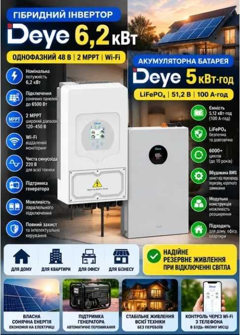 Комплект Deye: гібридний інвертор 6,2 кВт + акумулятор 5 кВт·год LiFePO4 48В для дому